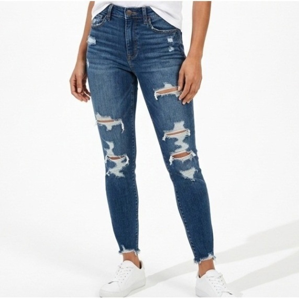 American Eagle Hi-Rise Jegging Womens 14 Dark Wash High Waist Ripped Distressed